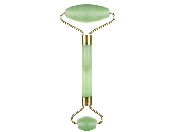 Jade roller ansigtsmassage i jadesten 2 ruller grøn-guld 14 cm