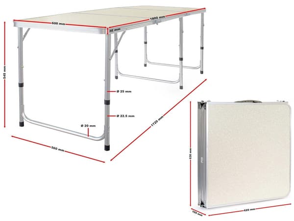 Sammenklappeligt campingbord 180x60 cm justerbar höjd creme