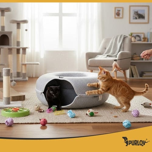 Rund kattbädd donut-tunnel i ullfilt 51x20 cm grå