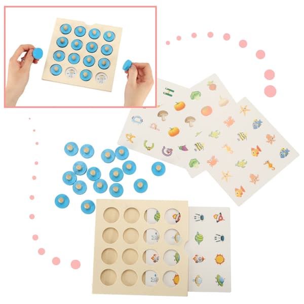Montessori memoryspel i trä med bräda, 4 dubbelsidiga kort, 16 svampar