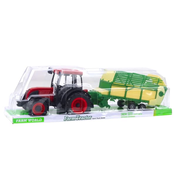 Legetøjs gårdtraktor med trailer 49 cm rød/grøn/gul plast