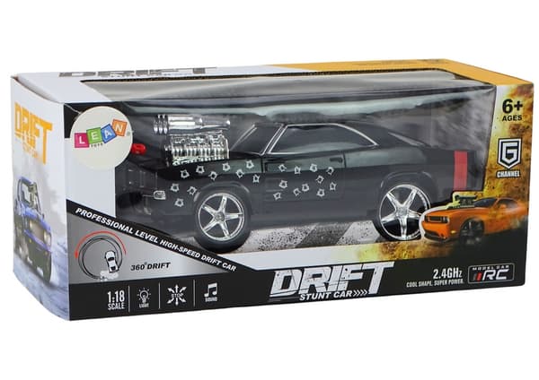 Radiostyret driftbil 1:18 sort 2,4GHz med lys/lyd + batteri/lader