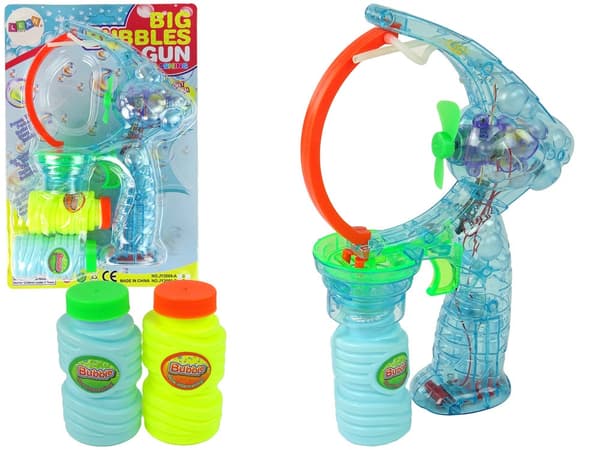 Såpbubbelpistol blå batteridriven med ljus & musik, 2 flaskor såplösning