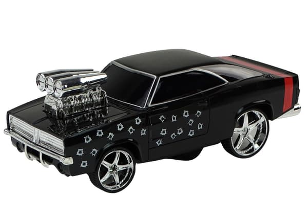 Radiostyret driftbil 1:18 sort 2,4GHz med lys/lyd + batteri/lader