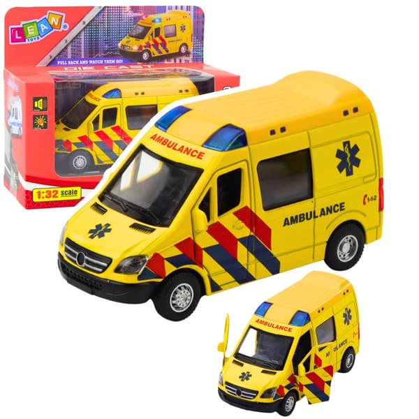 Ambulanssilelu 1:32 metallia pull-backilla, valo/ääni, keltainen