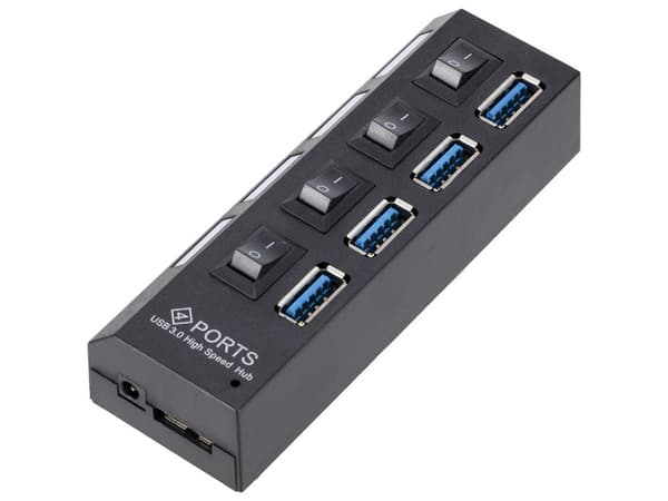 USB-hub 4-port USB 3.0 med ON/OFF-knapper sort 51,5 cm kabel