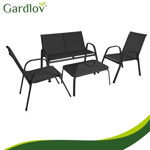 Trädgårdsmöbelset 4 delar 4-sits soffa 2 fåtöljer bord glas/stål