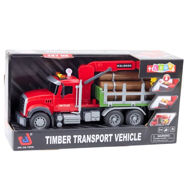 Legetøjslastbil med kran og trailer, lyd/lys, træstokke 31 cm