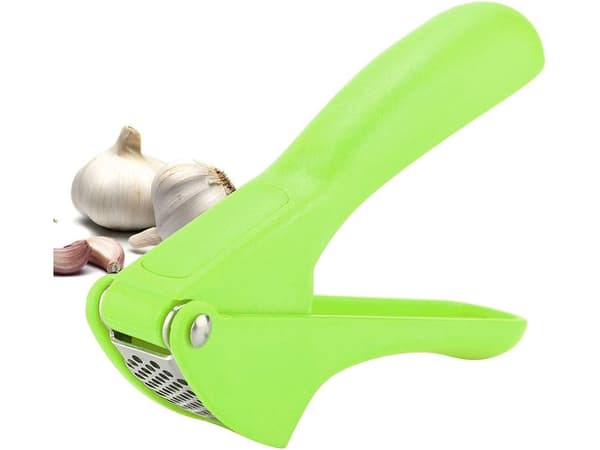 Hvidløgspresser rustfrit stål/plast 15,5 cm blandet farve grøn/rød
