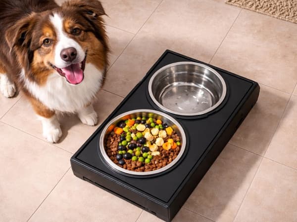 Hævet madskål hund/kat med 2 rustfri skåle 1,8 L, sort