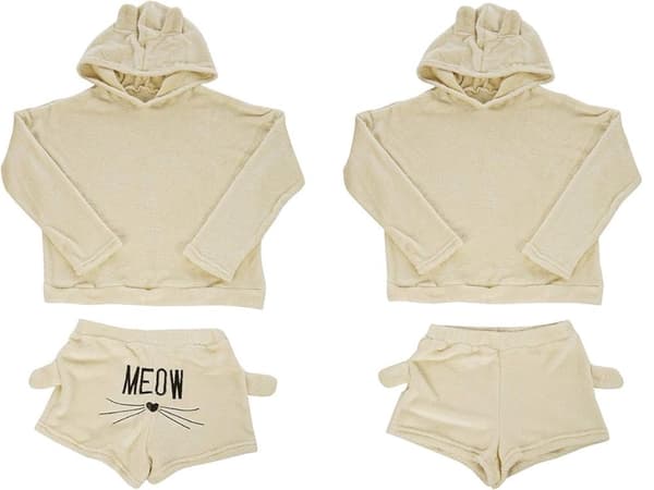 Pyjamassæt til dame 100% bomuld langærmet + shorts beige XL 2 dele