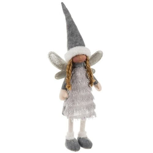 Julfigur stående älva med glittrande vingar 40 cm vit/grå/silver