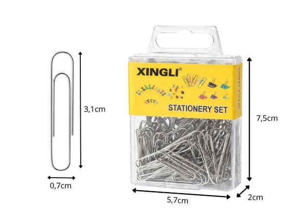 Metalliset paperiliittimet silver 70 st, 3,1x0,7 cm, box