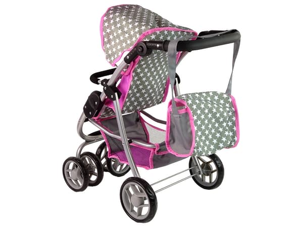 Dockvagn 2-i-1 med bärväska rosa stjärnor för docka ca 40 cm