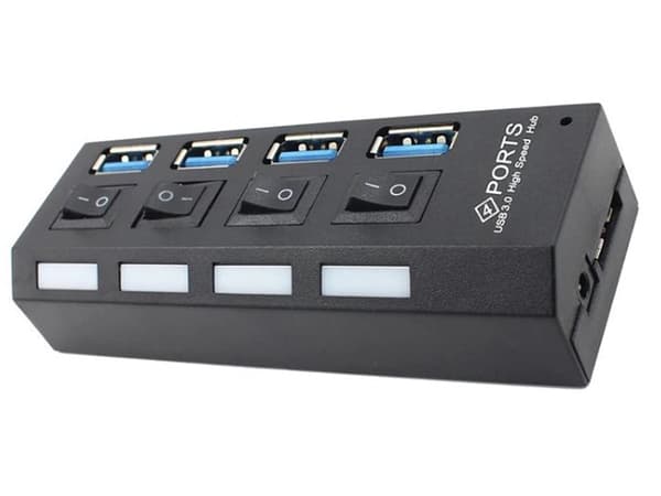 USB-hub 4-port USB 3.0 med ON/OFF-knapper sort 51,5 cm kabel