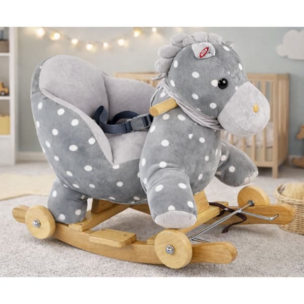 2-i-1 gungande häst ride-on med ljud, grå prickig, 12+ mån