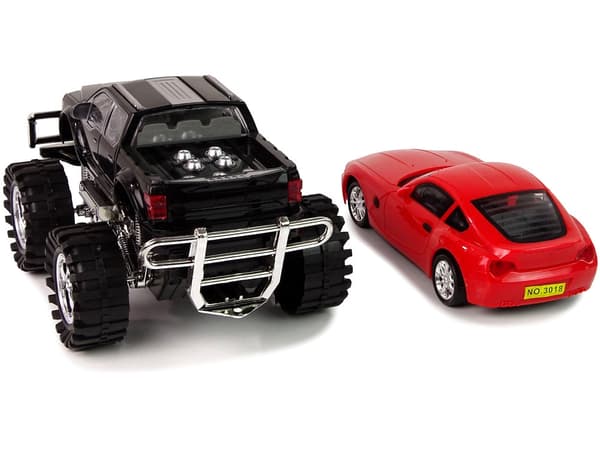 Legetøjsbilsæt Monstertruck med karavan og hvid BMW, 3 dele