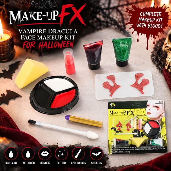 Halloween makeupsæt vampyr med ansigtsmaling, kunstigt blod 8 ml og rød læbestift