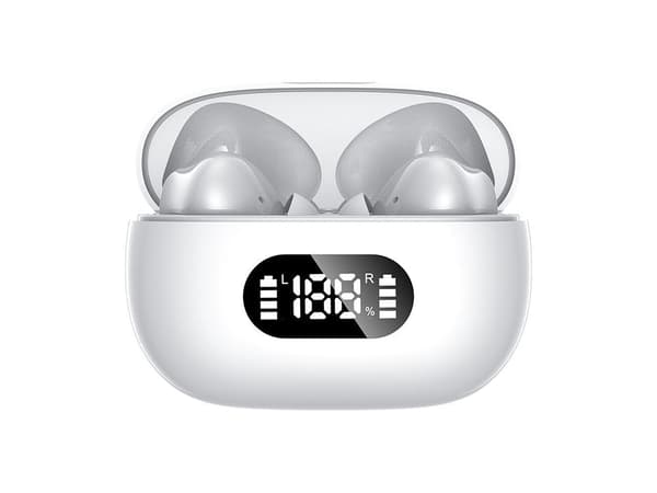 Bluetooth in-ear hovedtelefoner hvide med LED-opladningsetui og mikrofon