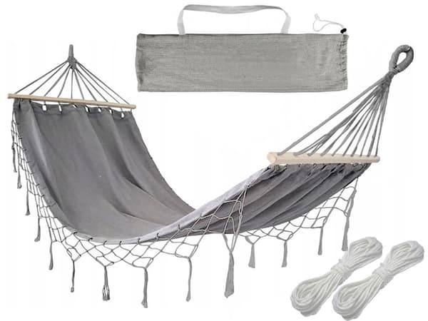 Hängmatta grå 200x100 cm med cover 2 fästrep och bärväska