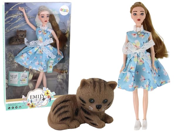 Dukke Emily 30 cm med killing, blå blomstret kjole, 3+ år