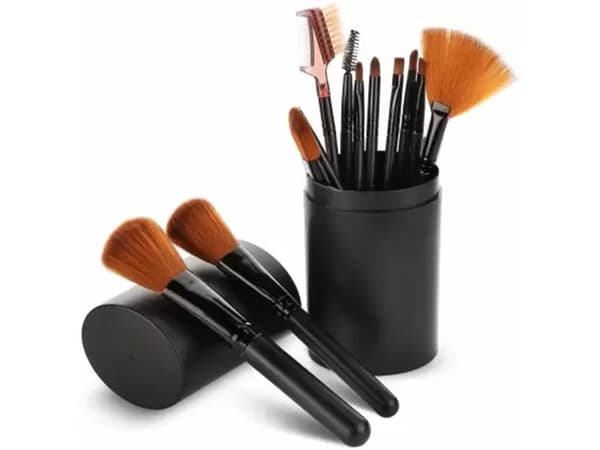 Makeupbørstesæt 12 dele med etui syntetiske børstehår sort/brun