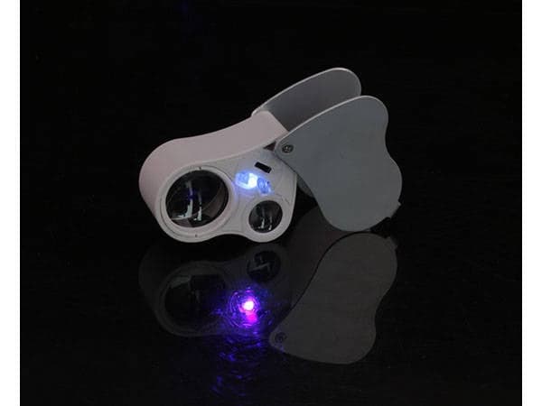 Juwelierslupp 25x/50x med LED og UV, foldbar, sølv