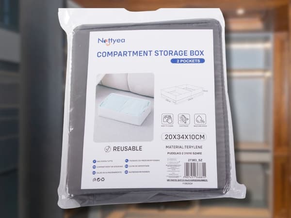 Opbevaringskasse undertøj/strømper 2 rum tekstil grå 20x34x10