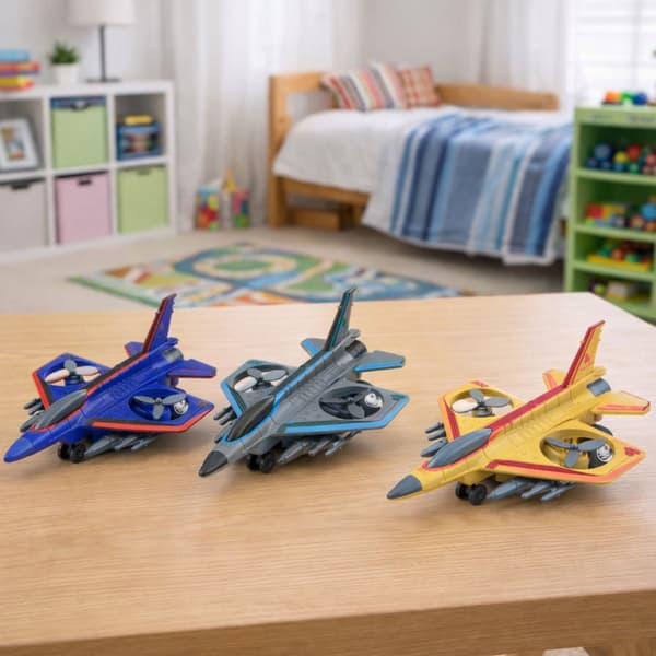 Kampfly legetøj 18 cm friktionsdrev med snurrende propeller