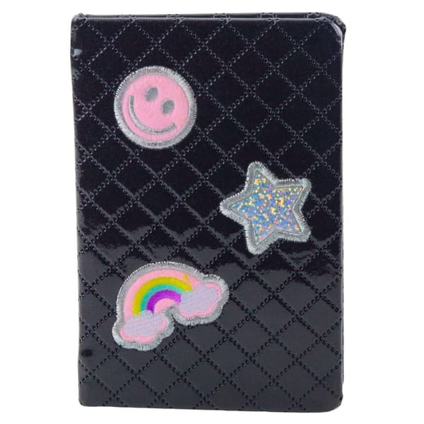 Linjerad anteckningsbok B6 80 sidor svart glitter med patchar