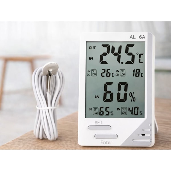 Termometer/hygrometer med LCD och trådbunden sensor inne/ute