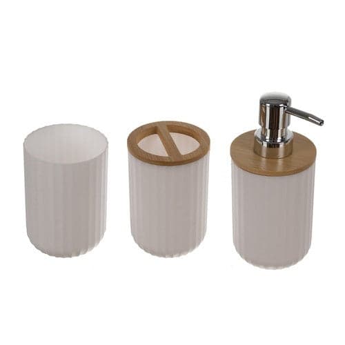 Badrumsaccessoarset 6-delar vit ribbad med bambudetaljer