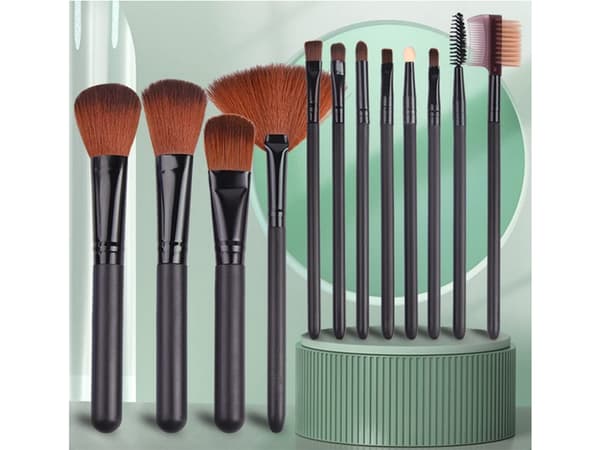 Makeupbørstesæt 12 dele med etui syntetiske børstehår sort/brun