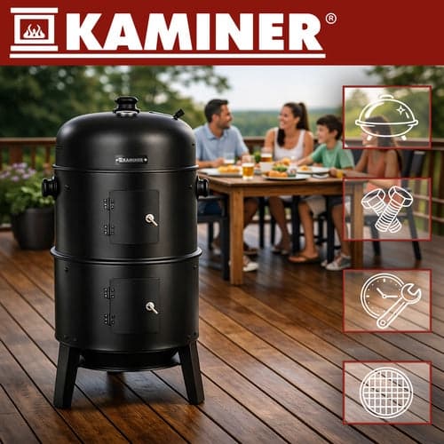 3-i-1 kulgrill med røgboks og lågtermometer 80x48x42 cm sort
