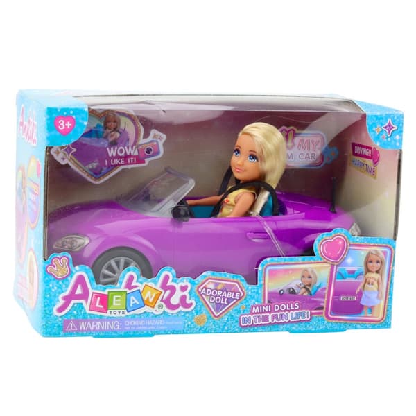 Minidocka med lila cabriolet leksaksbil 21 cm, docka 12 cm 3+
