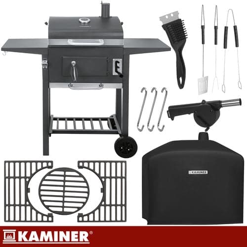 Kulgrill med låg og termometer, støbejernsrist, overtræk, sort