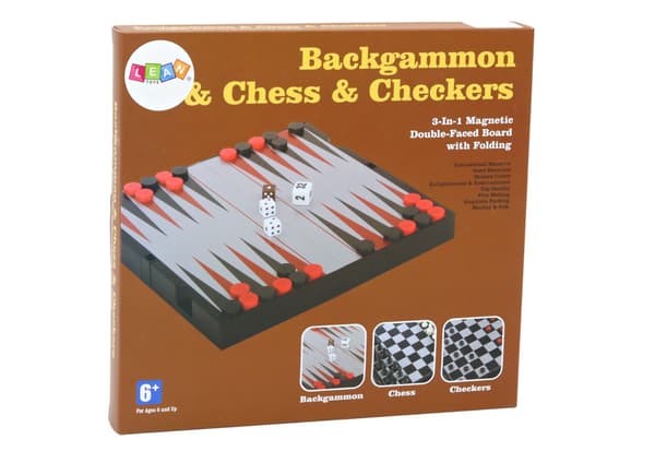 Brädspel 3-i-1 schack dam backgammon med förvaringslådor 25 cm