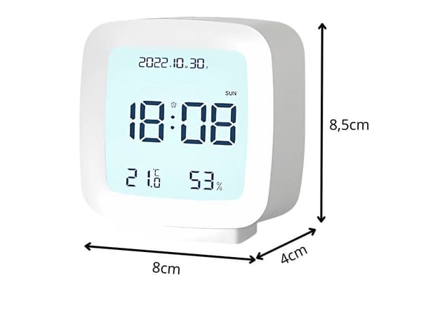 Digitalt vækkeur LCD med dato temp luftfugtighed hvid 8x8,5 cm