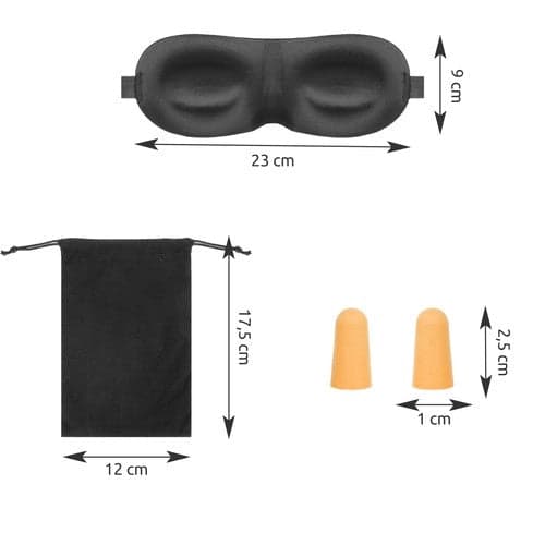 3D-unimaski korvatulpilla ja kotelolla, säädettävä matkasetti