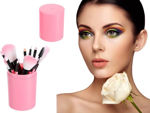 Makeupbørstesæt 12 dele med etui rosa syntetiske børstehår