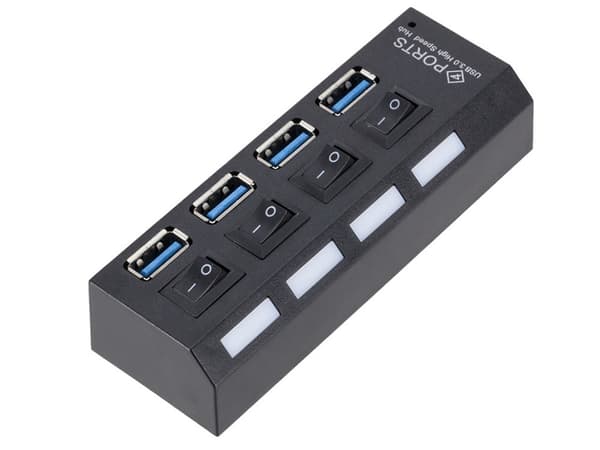 USB-hub 4-port USB 3.0 med ON/OFF-knapper sort 51,5 cm kabel