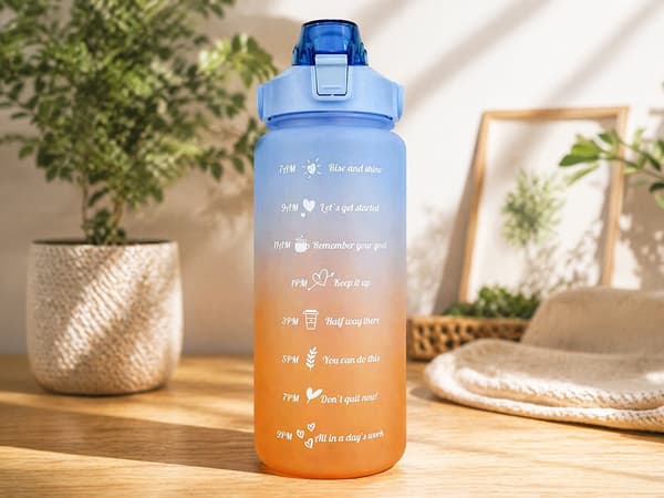 Vandflaske 2 liter med sugerør og målskala blå/orange
