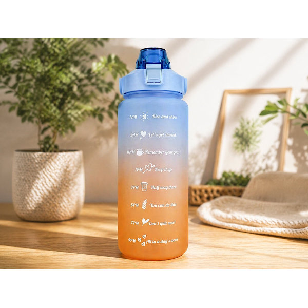 Vattenflaska 2 liter med sugrör och måttskala blå/orange