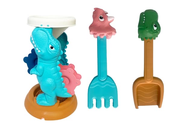 Sandlegesæt dinosaur med kværn, spand, skovl, rive og 2 forme