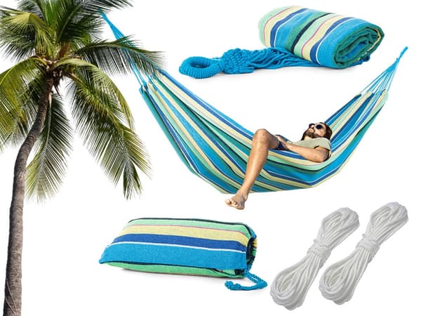 Hängmatta randig bomull/polyester 200x80 cm med bärväska och 2 rep
