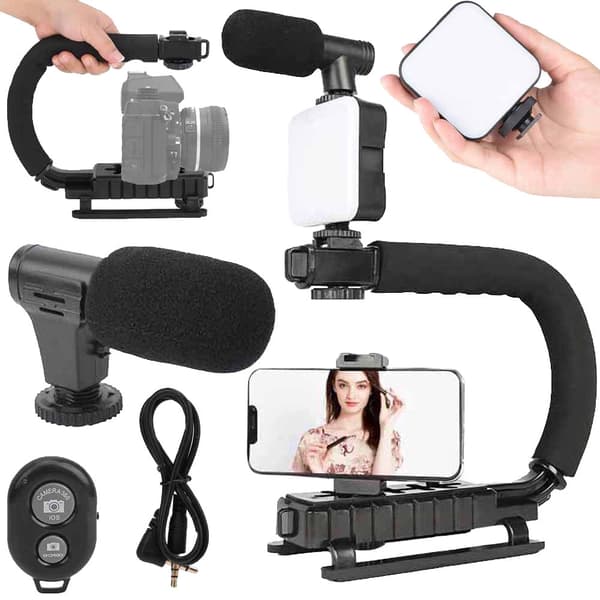 Vlog-kit til smartphone stativ mikrofon LED-lampe Bluetooth-fjern sort