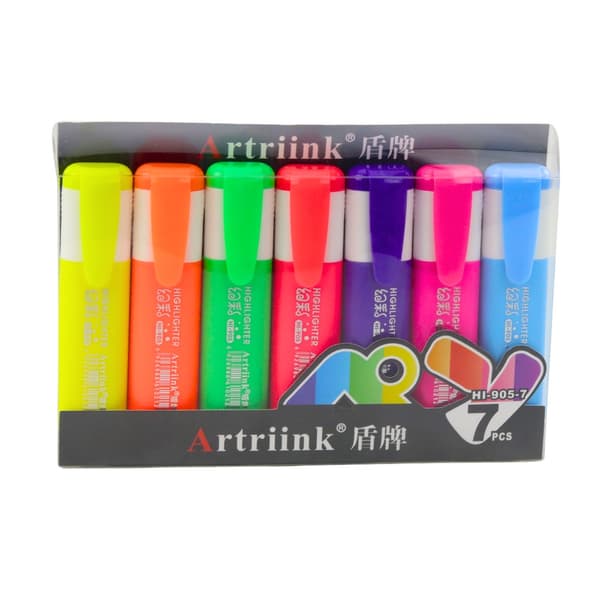 Neon overstregningspenne 7-pack, hurtigtørrende blæk, 7 farver