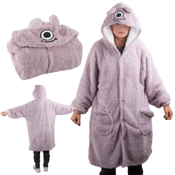 Sweatshirt-tæppe oversize med hætte og knapper 100% bomuld lilla