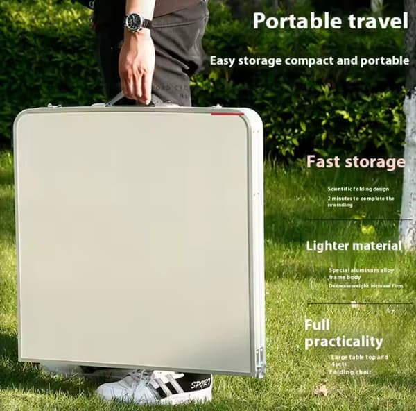 Hopfällbart campingbord med 4 stolar 120x60 cm aluminium/MDF vit