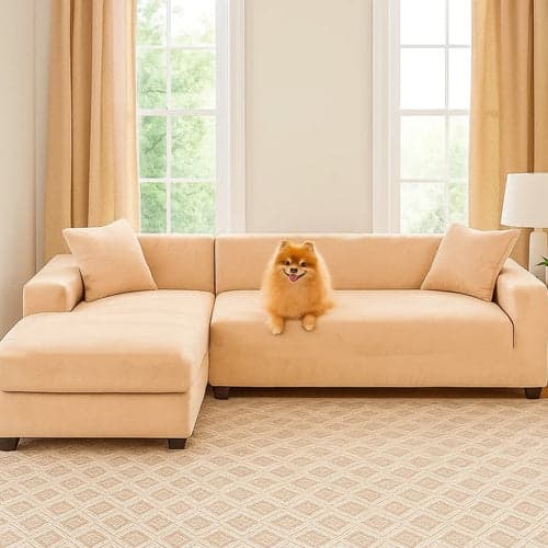 Sofföverdrag hörnsoffa sammet beige 190-230 cm inkl. 1 kuddfodral